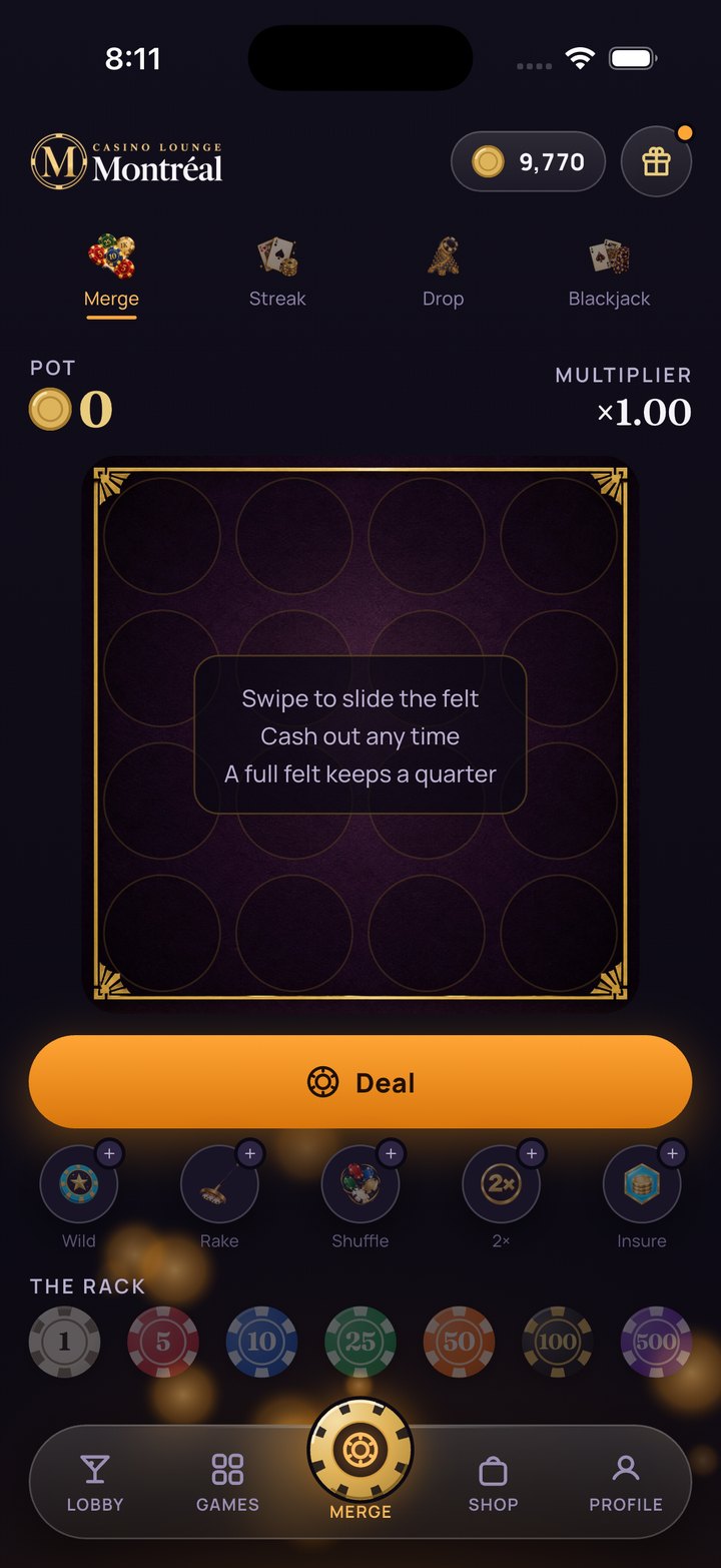 Chip Merge on the felt, powerups in the pocket
